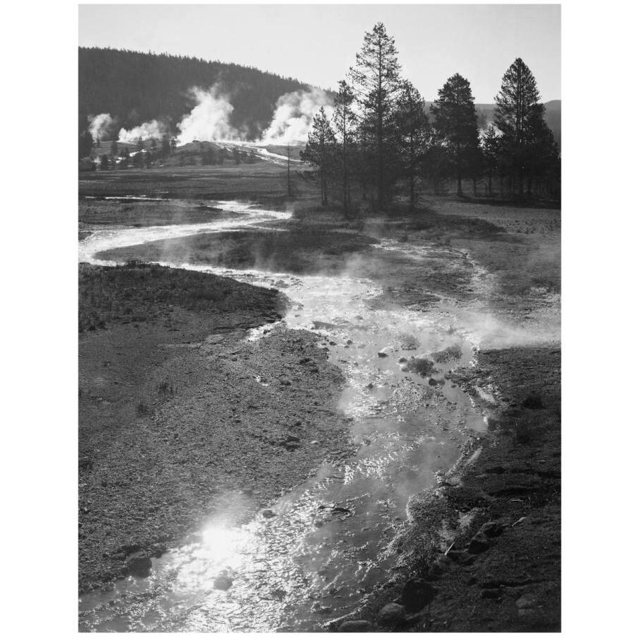 Stream winding back toward geyser, Central Geyser Basin, Yellowstone National Park, Wyoming, ca. 1941-1942-Paper Art-14&quotx18"