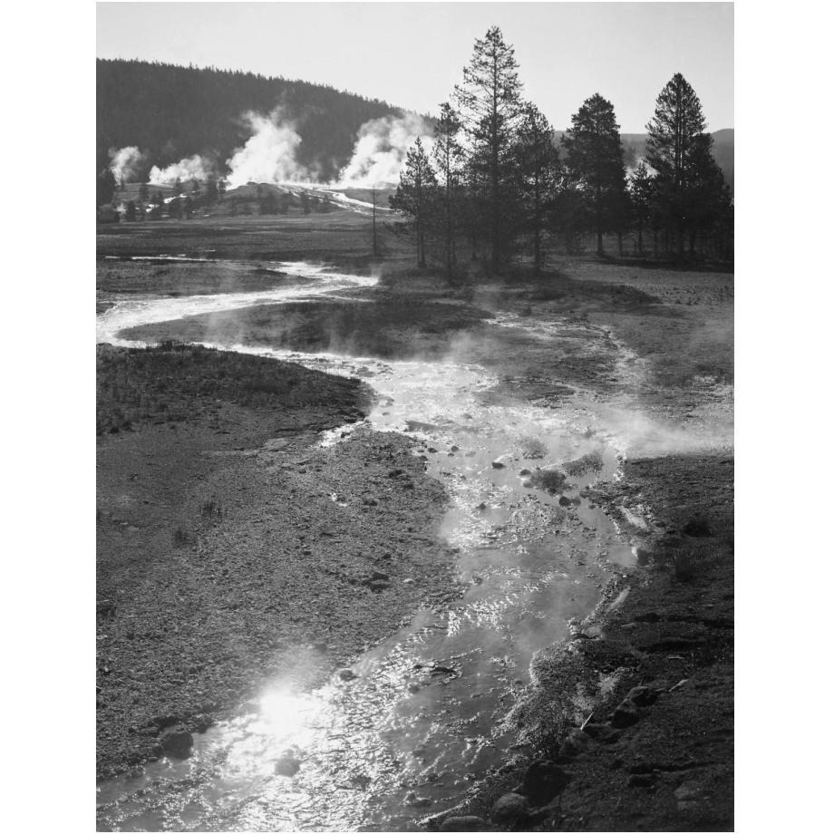 Stream winding back toward geyser, Central Geyser Basin, Yellowstone National Park, Wyoming, ca. 1941-1942-Paper Art-19&quotx24"