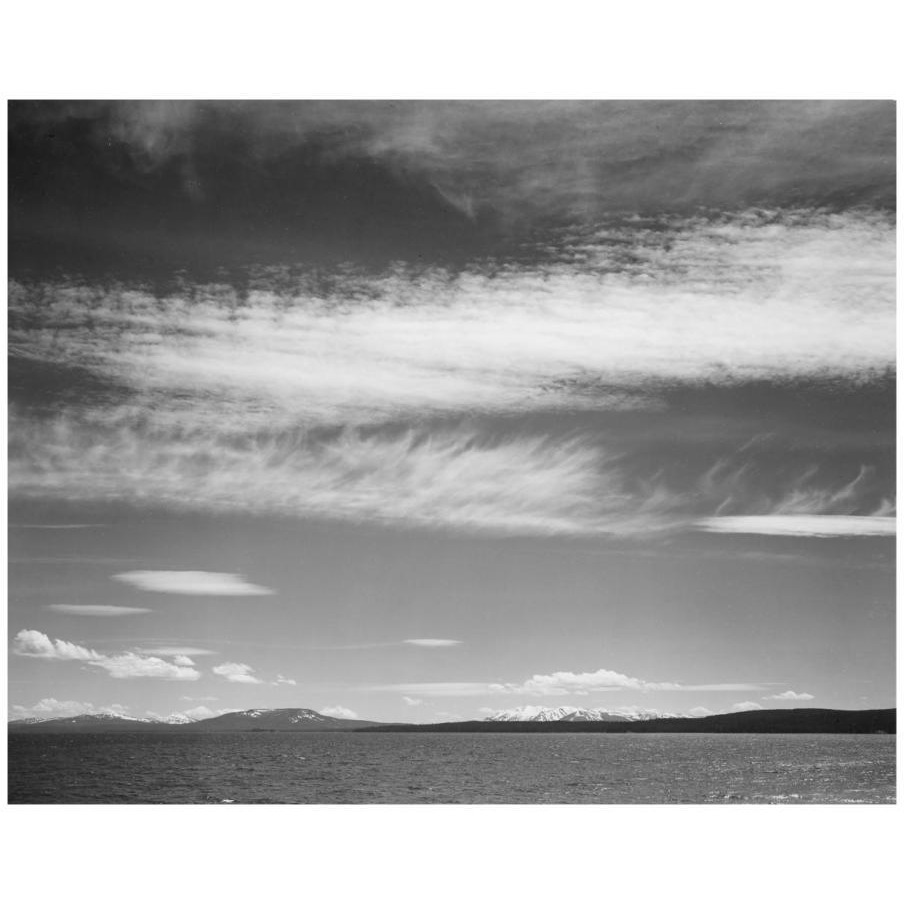Lake, narrow strip of mountains, low horizon, Yellowstone Lake, Yellowstone National Park, Wyoming, ca. 1941-1942-Paper Art-18&quotx15"