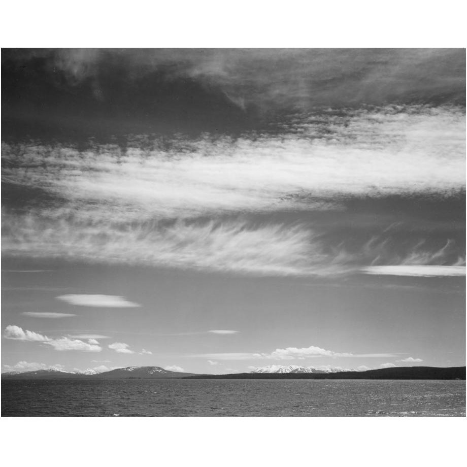 Lake, narrow strip of mountains, low horizon, Yellowstone Lake, Yellowstone National Park, Wyoming, ca. 1941-1942-Paper Art-24&quotx19"