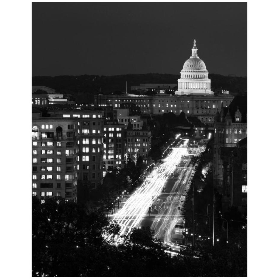 Dusk view of Pennsylvania Avenue, America's Main Street in Washington, D.C. - Black and White Variant-Paper Art-20&quotx26"