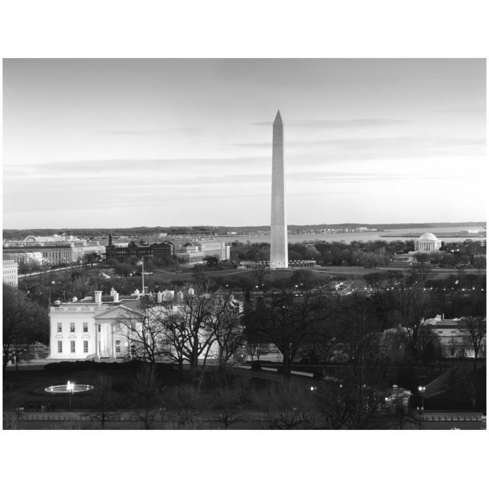 Dawn over the White House, Washington Monument, and Jefferson Memorial, Washington, D.C. - Black and White Variant-Paper Art-18&quotx14"