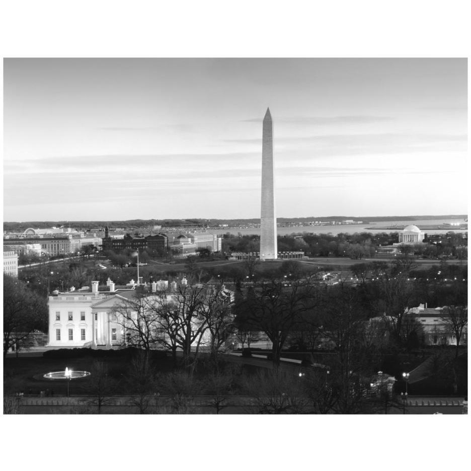 Dawn over the White House, Washington Monument, and Jefferson Memorial, Washington, D.C. - Black and White Variant-Paper Art-26&quotx20"