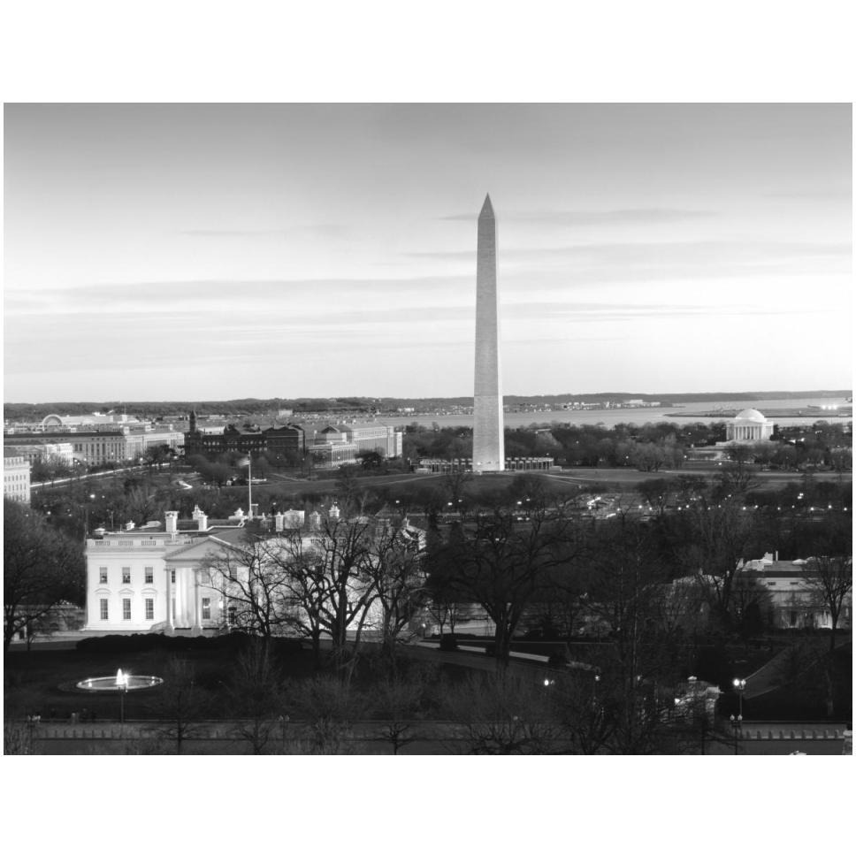 Dawn over the White House, Washington Monument, and Jefferson Memorial, Washington, D.C. - Black and White Variant-Paper Art-50&quotx38"