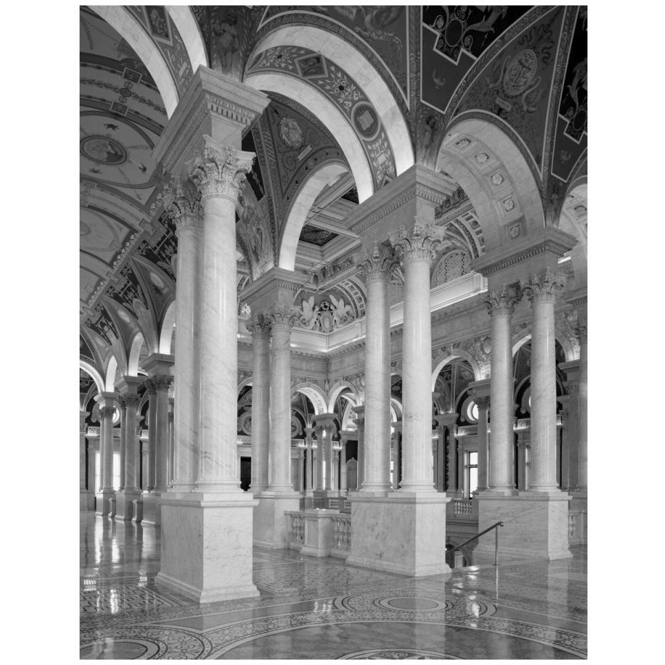 Great Hall, second floor, north. Library of Congress Thomas Jefferson Building, Washington, D.C. - Black and White Variant-Paper Art-32&quotx42"