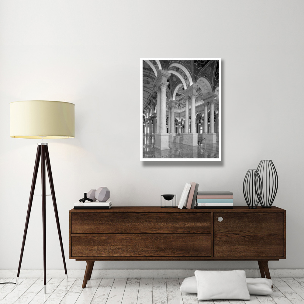 Great Hall, second floor, north. Library of Congress Thomas Jefferson Building, Washington, D.C. - Black and White Variant-Paper Art-32&quotx42"