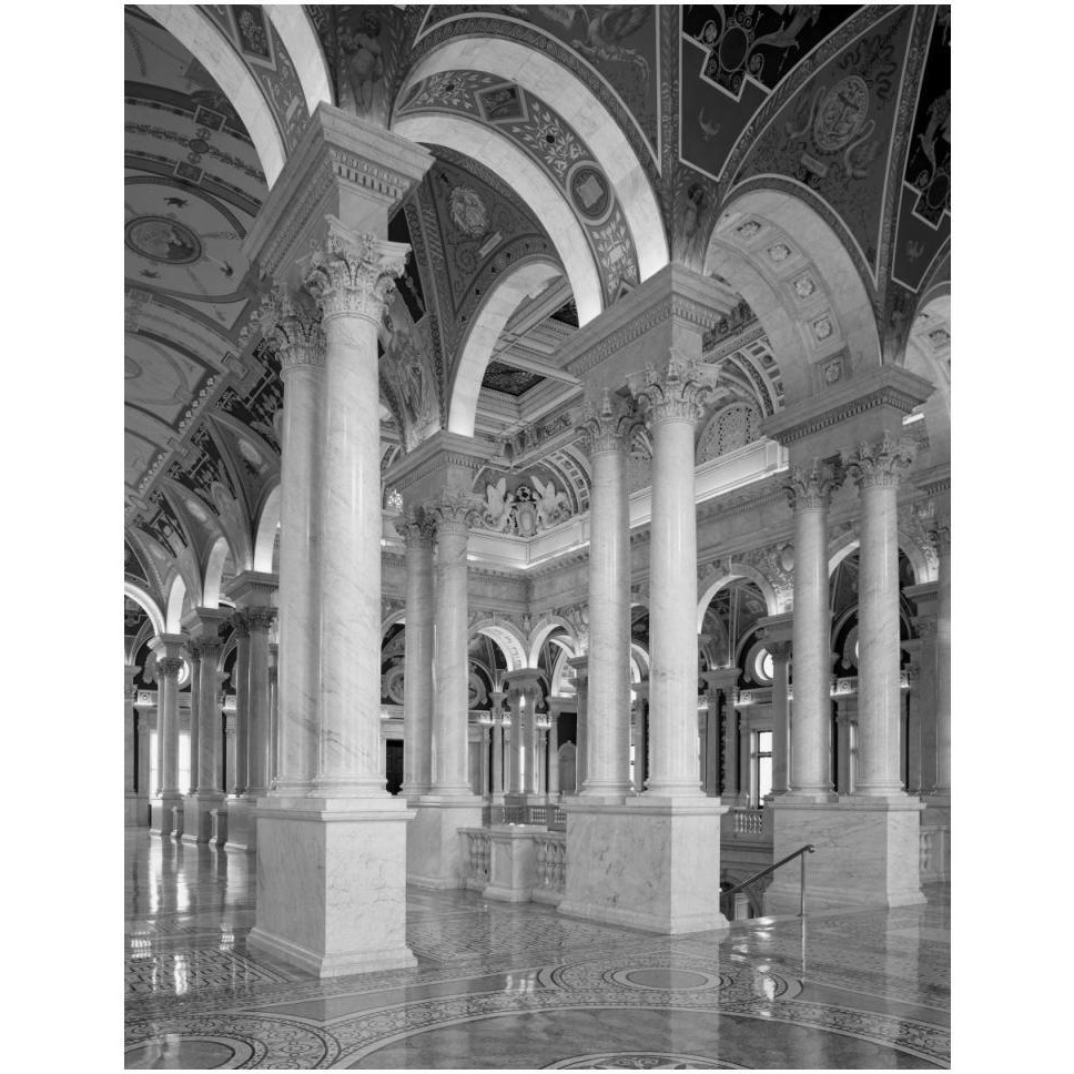 Great Hall, second floor, north. Library of Congress Thomas Jefferson Building, Washington, D.C. - Black and White Variant-Paper Art-38&quotx50"