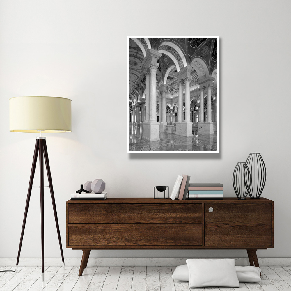 Great Hall, second floor, north. Library of Congress Thomas Jefferson Building, Washington, D.C. - Black and White Variant-Paper Art-38&quotx50"