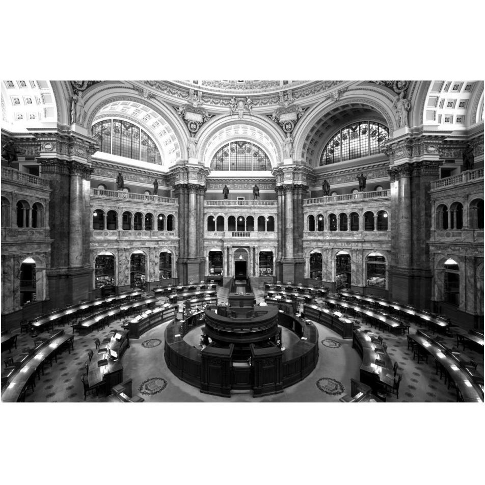 Main Reading Room. View from above showing researcher desks. Library of Congress Thomas Jefferson Building, Washington, D.C. - Black and White Variant-Paper Art-20&quotx14"