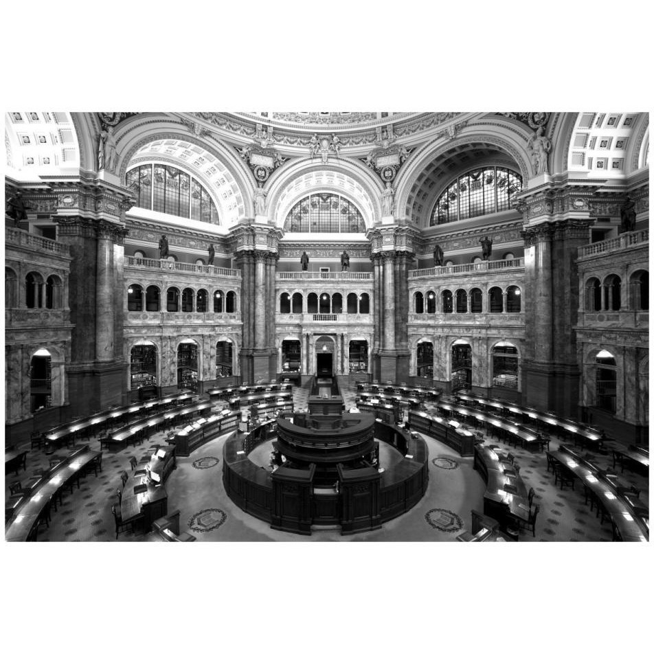 Main Reading Room. View from above showing researcher desks. Library of Congress Thomas Jefferson Building, Washington, D.C. - Black and White Variant-Paper Art-32&quotx22"