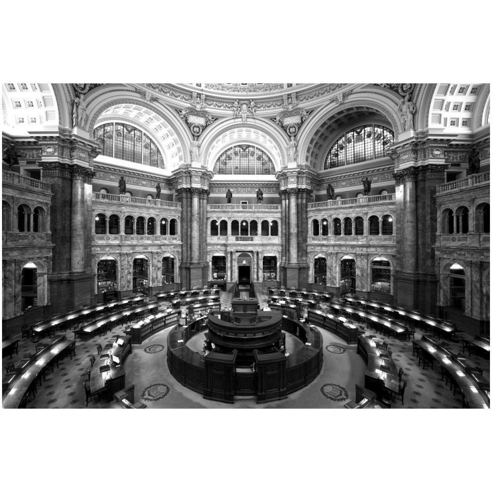 Main Reading Room. View from above showing researcher desks. Library of Congress Thomas Jefferson Building, Washington, D.C. - Black and White Variant-Paper Art-50&quotx34"