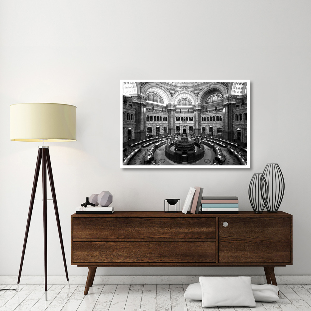 Main Reading Room. View from above showing researcher desks. Library of Congress Thomas Jefferson Building, Washington, D.C. - Black and White Variant-Paper Art-50&quotx34"