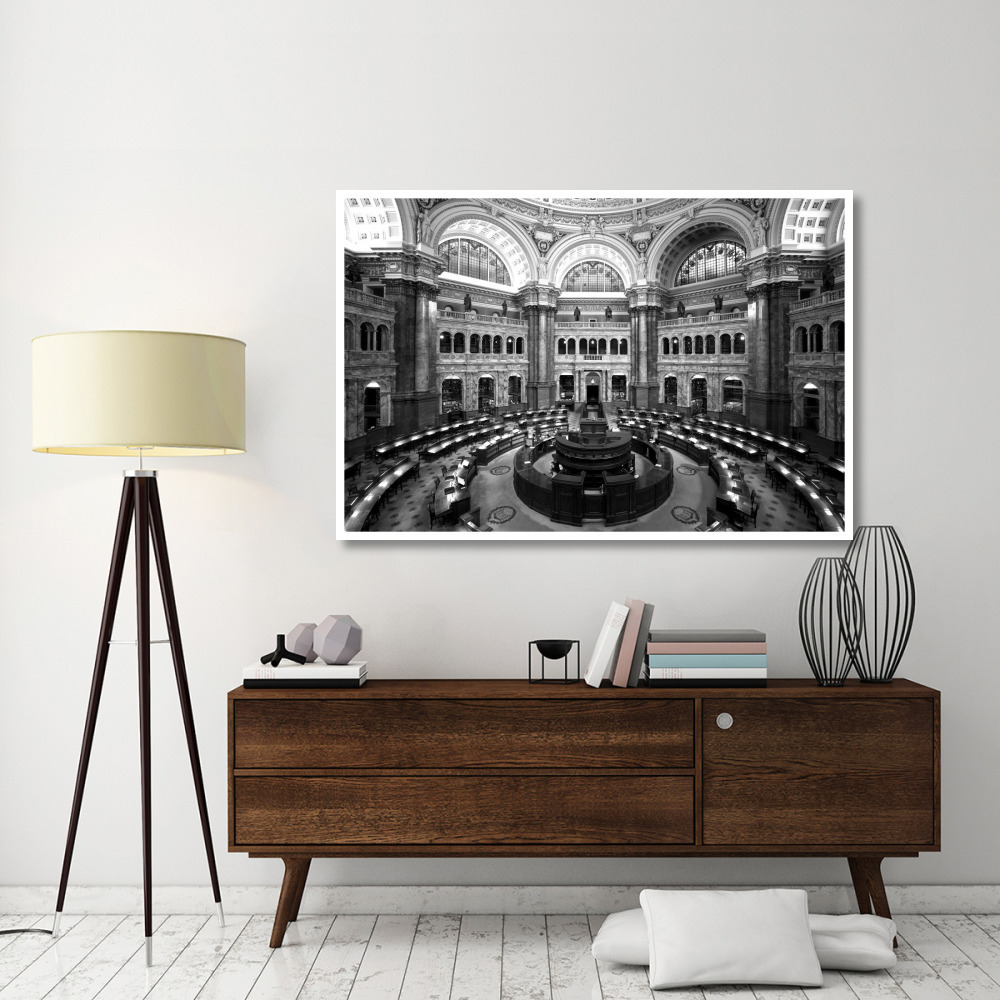 Main Reading Room. View from above showing researcher desks. Library of Congress Thomas Jefferson Building, Washington, D.C. - Black and White Variant-Paper Art-62&quotx42"