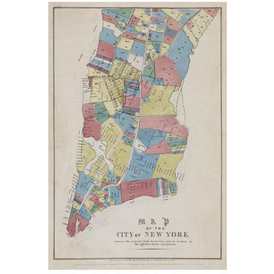 Map of the City of New York showing original high water line and the location of different Farms and Estates, 1853-Paper Art-18&quotx26"