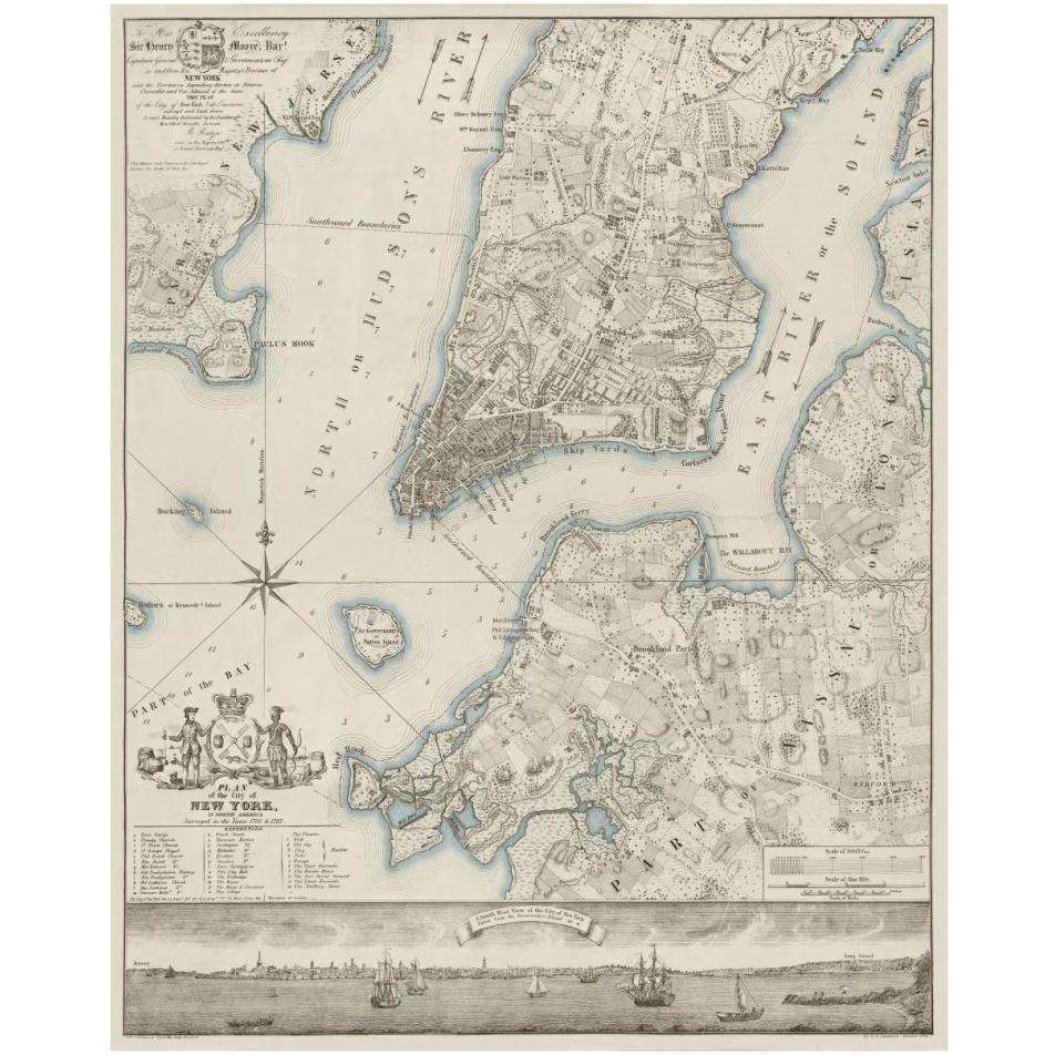 Plan of the City of New York, copied from the Ratzer Map - Decorative Blue Shading-Paper Art-30&quotx37"