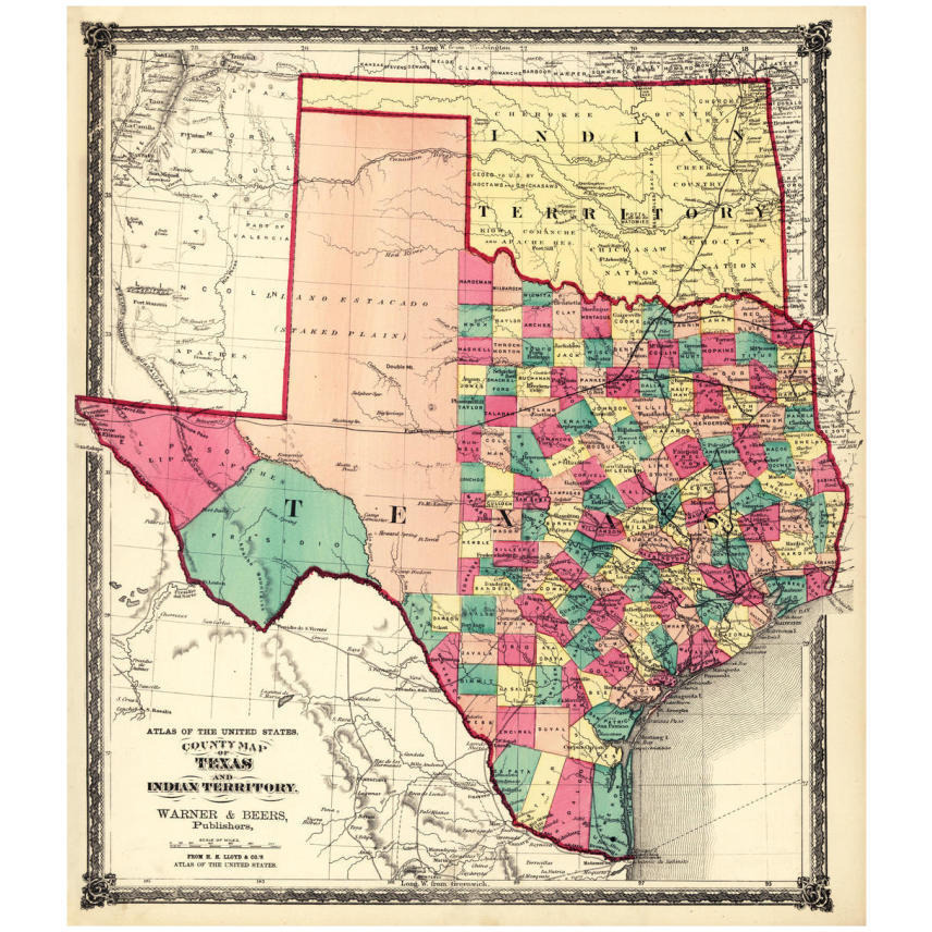 County Map of Texas, and Indian Territory, 1874-Paper Art-21&quotx24"