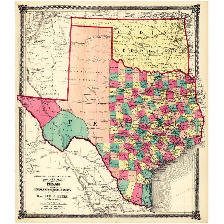 County Map of Texas, and Indian Territory, 1874-Paper Art-28&quotx32"