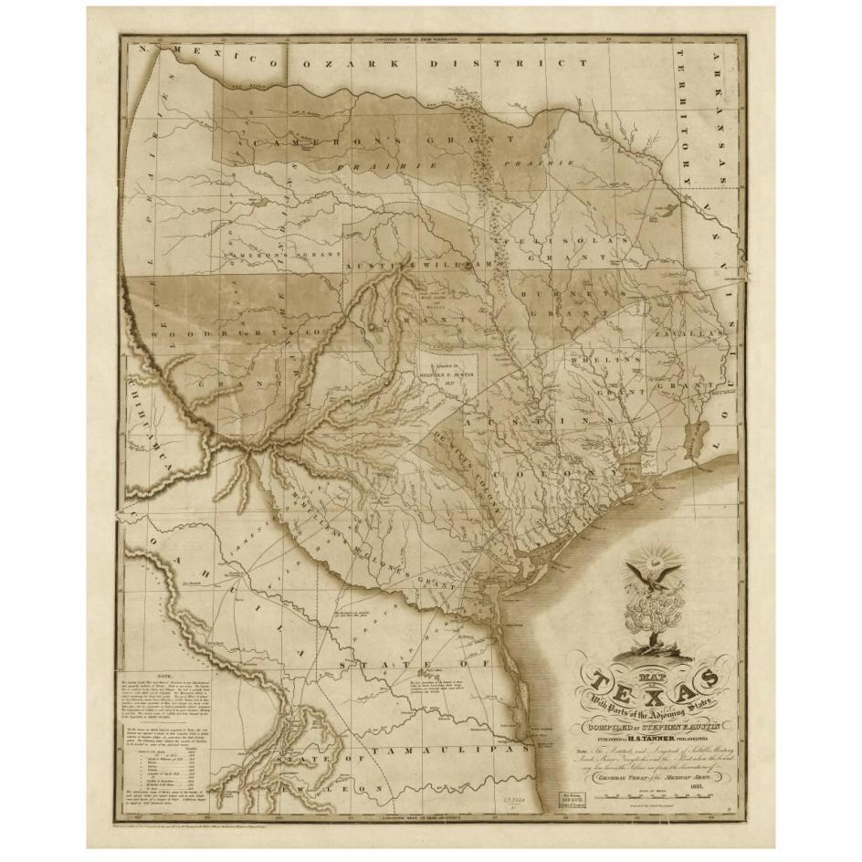 Map of Texas with parts of the adjoining states, 1837 - Decorative Sepia-Paper Art-22&quotx26"
