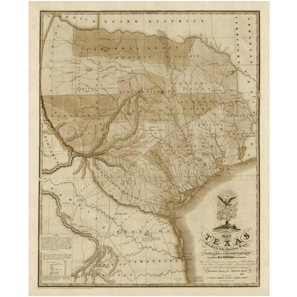 Map of Texas with parts of the adjoining states, 1837 - Decorative Sepia-Paper Art-30&quotx37"