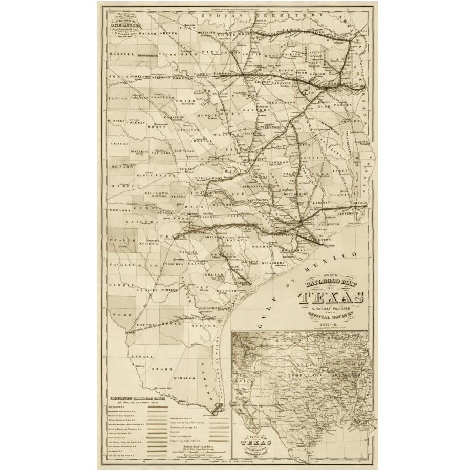 Gray's railroad map of Texas - Decorative Sepia-Paper Art-15&quotx24"