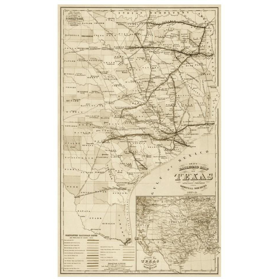 Gray's railroad map of Texas - Decorative Sepia-Paper Art-20&quotx32"