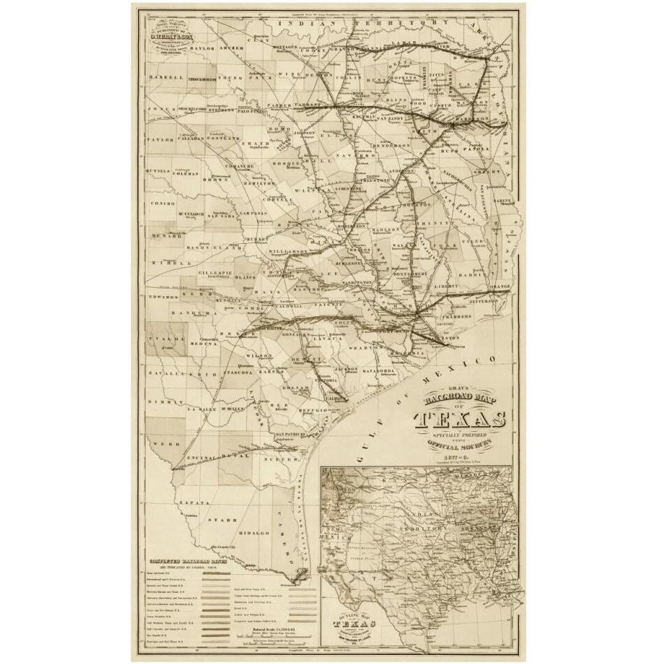 Gray's railroad map of Texas - Decorative Sepia-Paper Art-24&quotx38"