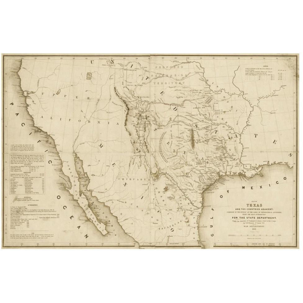Map of Texas and the countries adjacent, 1844  - Decorative Sepia-Paper Art-50&quotx34"