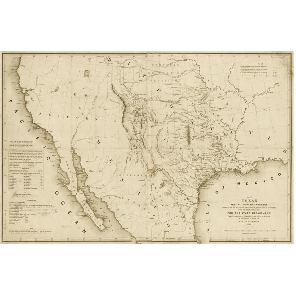 Map of Texas and the countries adjacent, 1844  - Decorative Sepia-Paper Art-62&quotx42"