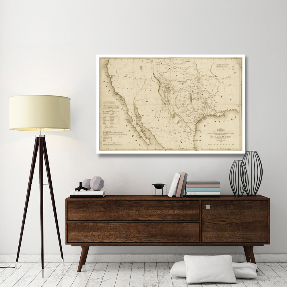 Map of Texas and the countries adjacent, 1844  - Decorative Sepia-Paper Art-62&quotx42"