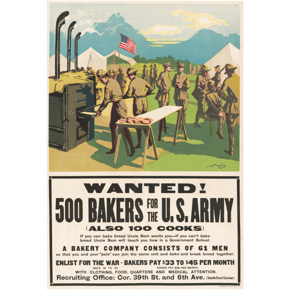 Wanted 500 Bakers for the U.S. Army, (Also 100 Cooks), 1917-Paper Art-26&quotx38"