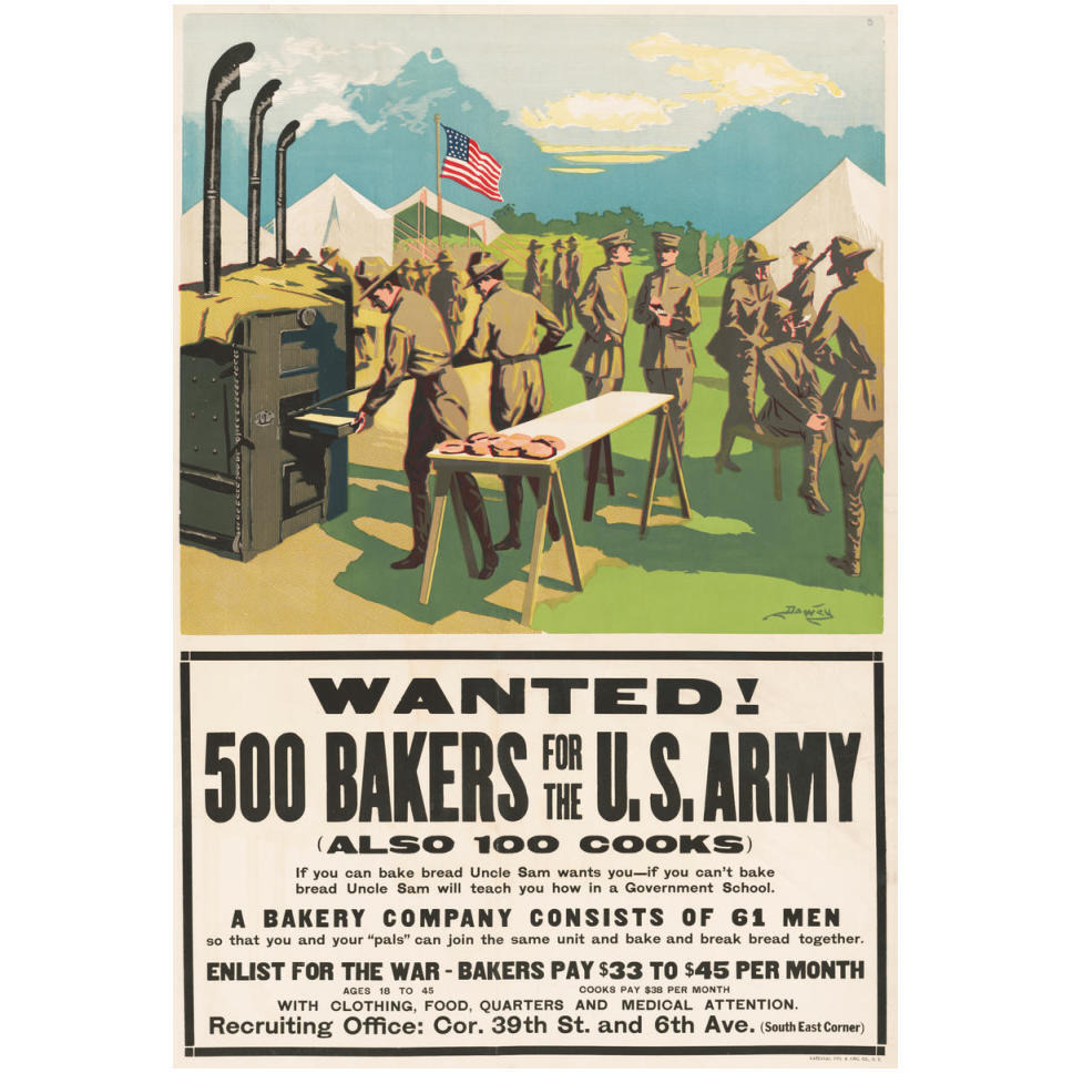 Wanted 500 Bakers for the U.S. Army, (Also 100 Cooks), 1917-Paper Art-34&quotx50"