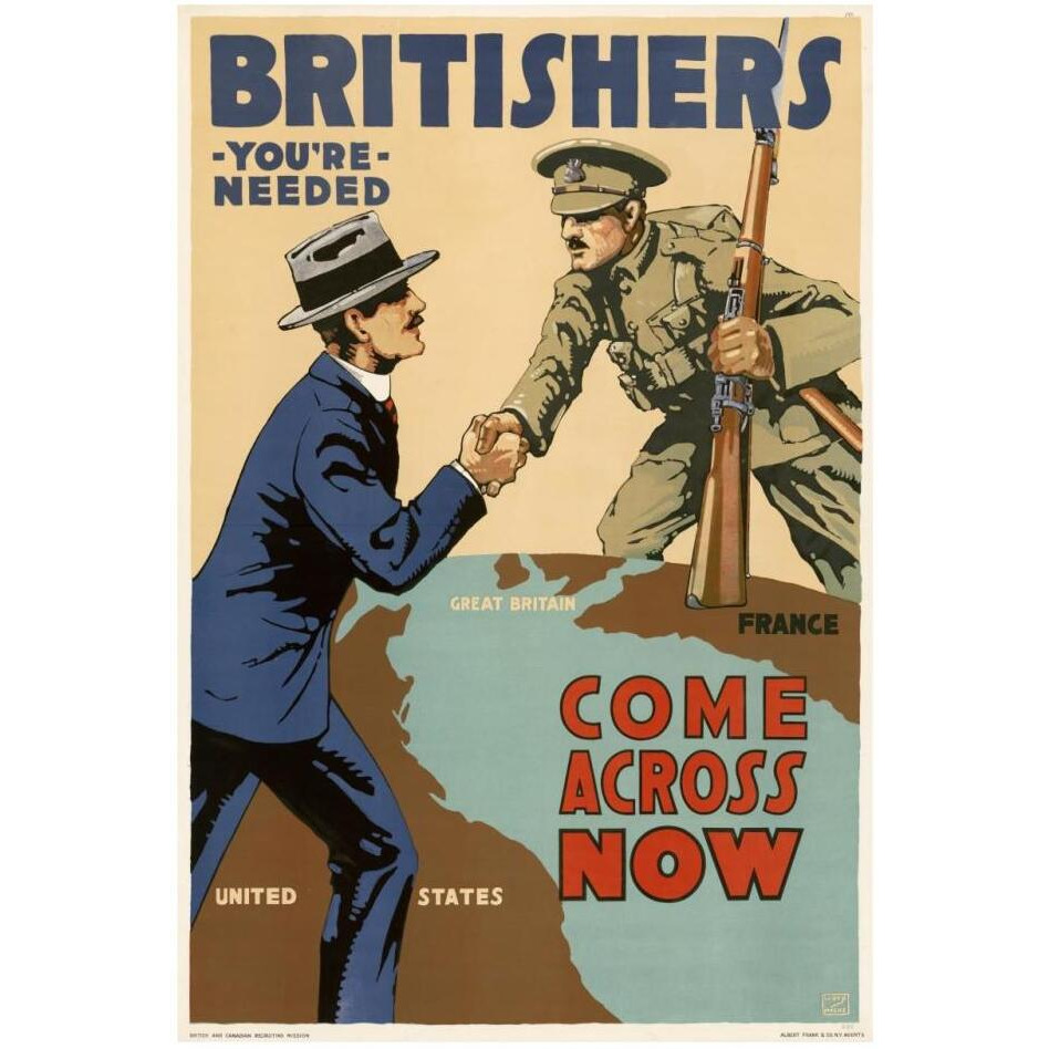 Britishers, You're Needed--Come Across Now, 1917-Paper Art-22&quotx32"