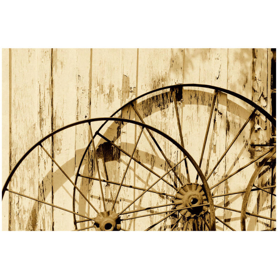 Old wagon wheels against a shed in Buffalo Gap Historic Village, near Abilene, TX - Sepia-Paper Art-26&quotx18"