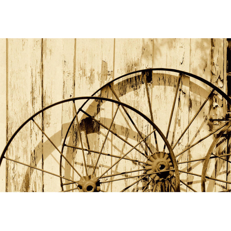Old wagon wheels against a shed in Buffalo Gap Historic Village, near Abilene, TX - Sepia-Paper Art-62&quotx42"