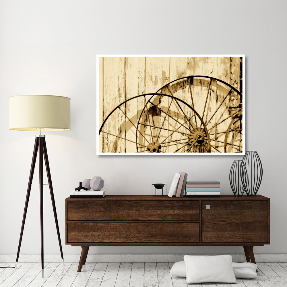 Old wagon wheels against a shed in Buffalo Gap Historic Village, near Abilene, TX - Sepia-Paper Art-62&quotx42"