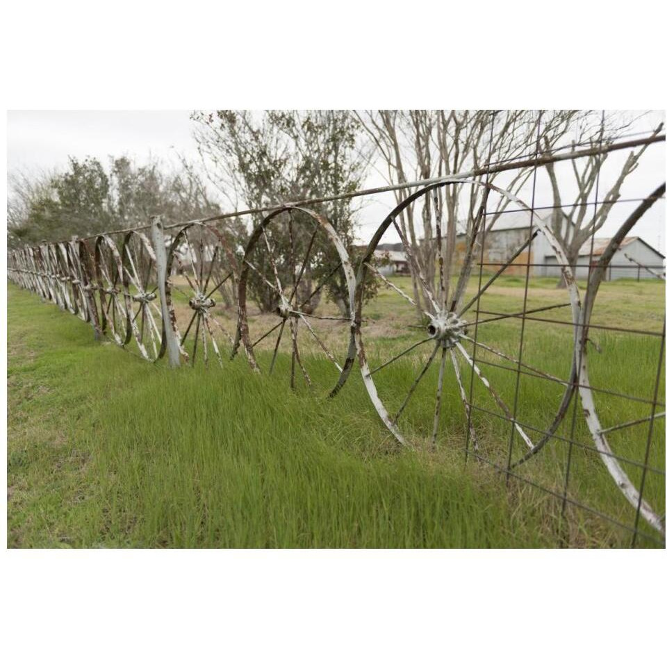 A fence made of wagon wheels near Schulenburg in Fayette County, TX-Paper Art-20&quotx14"