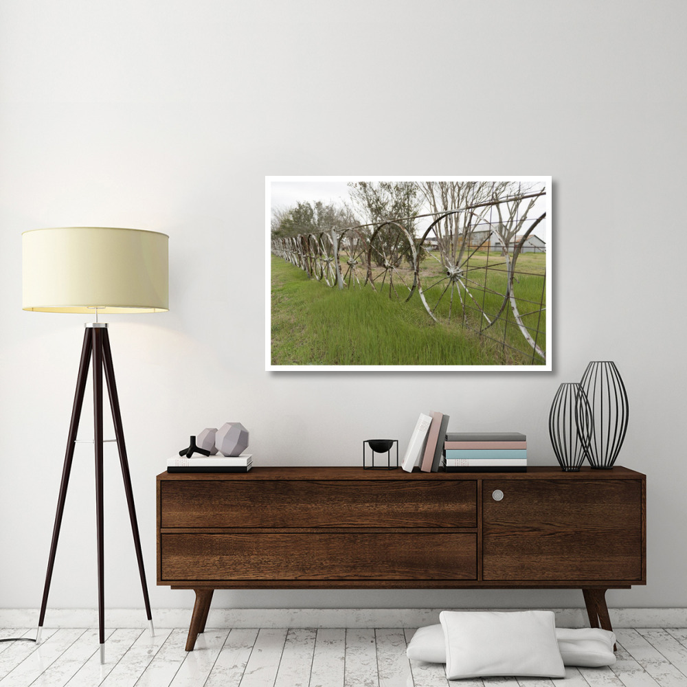 A fence made of wagon wheels near Schulenburg in Fayette County, TX-Paper Art-50&quotx34"