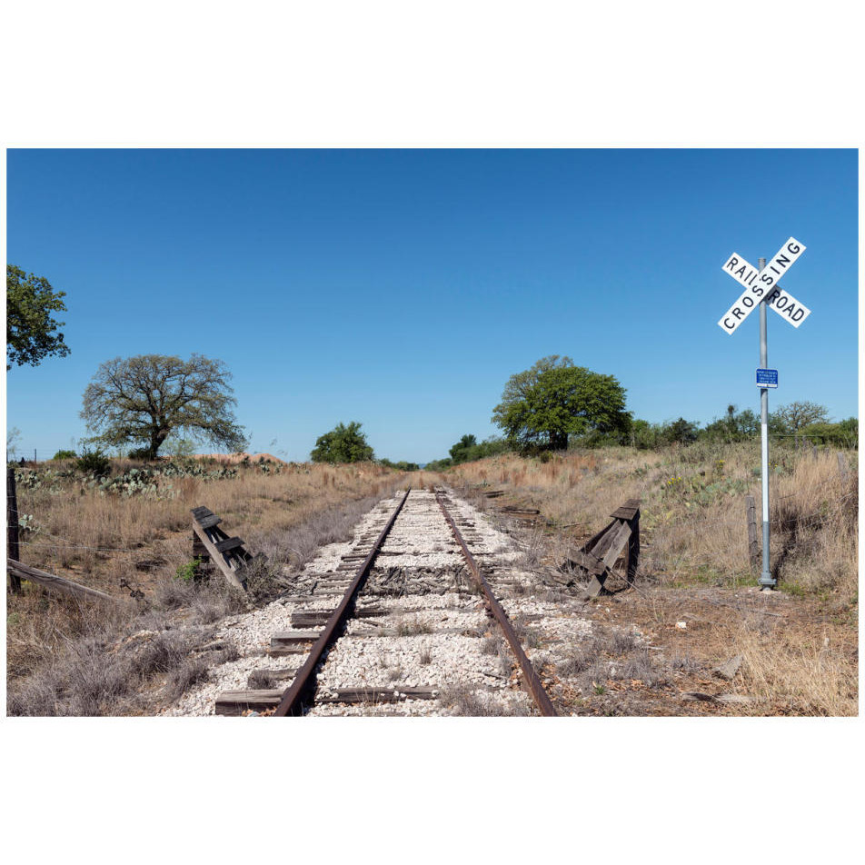 Lonely, little-used stretch of railroad tracks in the Texas Hill Country, near Burnet-Paper Art-32&quotx22"