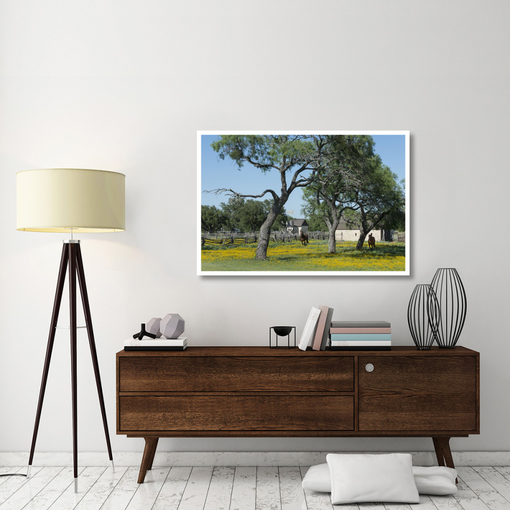 Horses gallop toward the camera in a wildflower-rich National Park Service meadow in Johnson City, TX-Paper Art-50&quotx34"