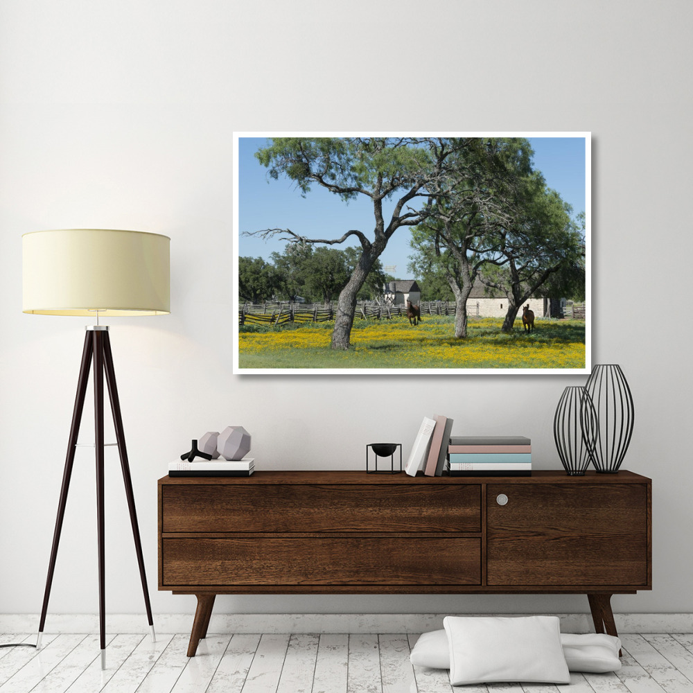 Horses gallop toward the camera in a wildflower-rich National Park Service meadow in Johnson City, TX-Paper Art-62&quotx42"