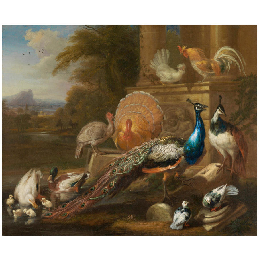 Peacocks, Doves, Turkeys, Chickens and Ducks by a Classical Ruin-Paper Art-18&quotx15"
