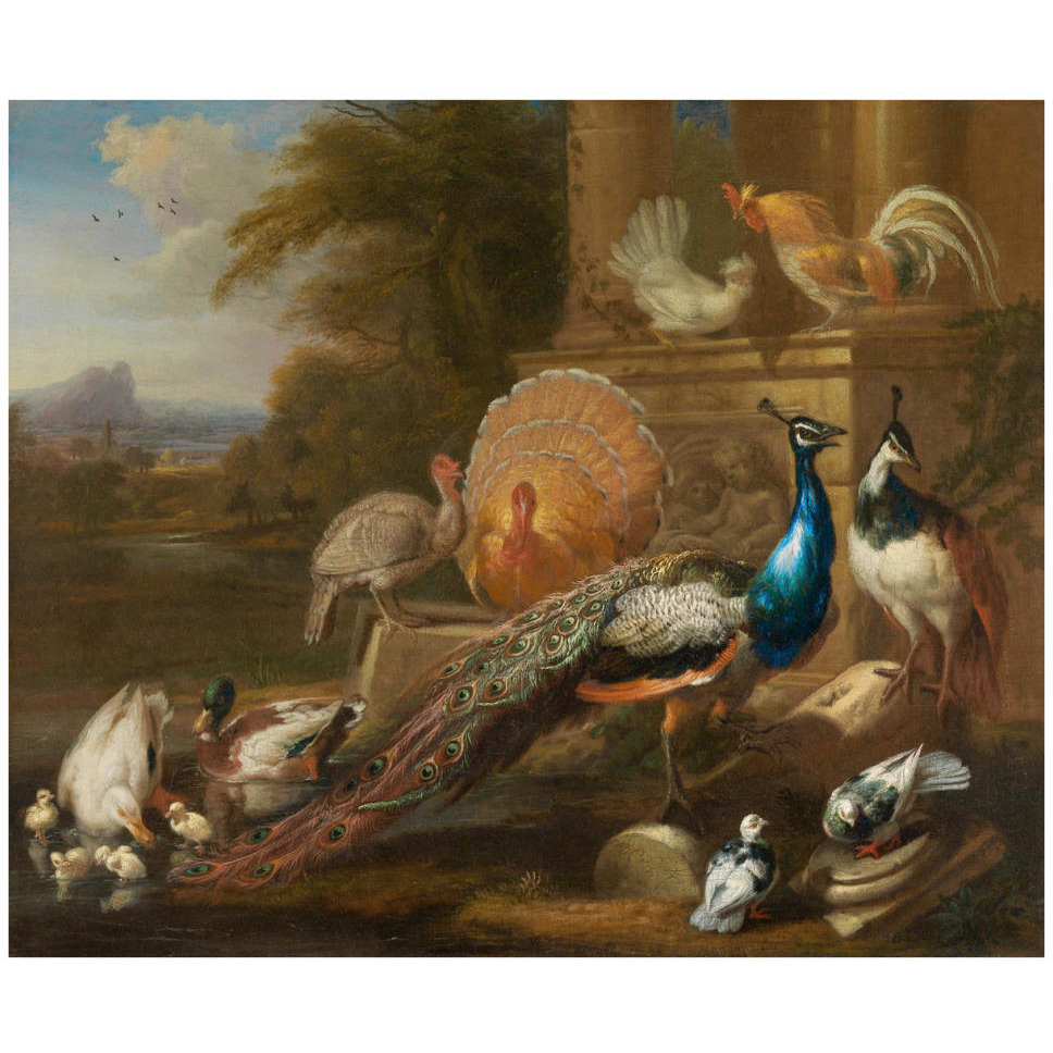 Peacocks, Doves, Turkeys, Chickens and Ducks by a Classical Ruin-Paper Art-42&quotx35"