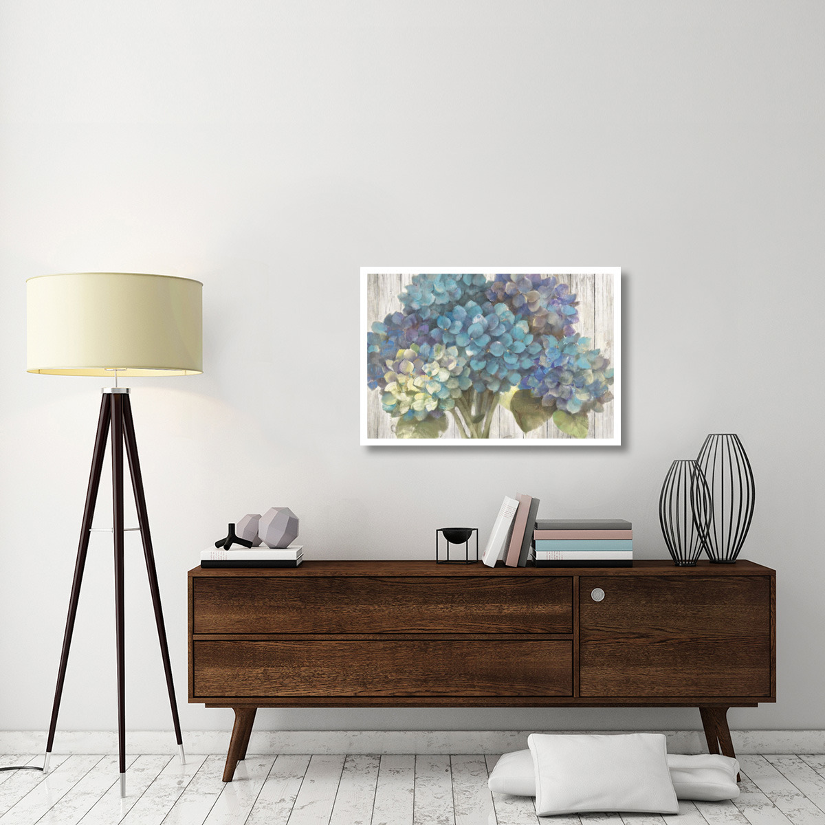 Turquoise Hydrangea on Barn Board -Paper Art-38&quotx26"