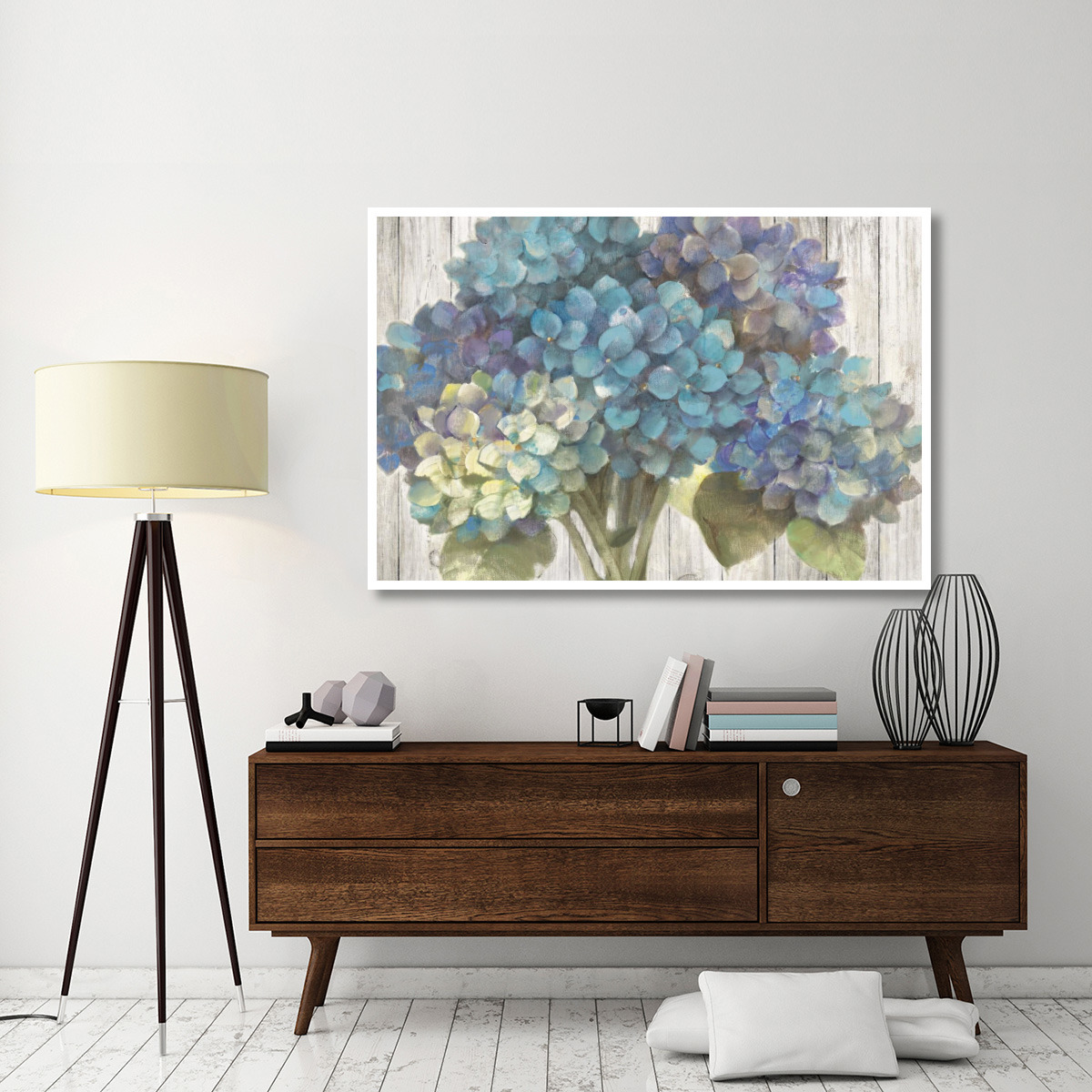 Turquoise Hydrangea on Barn Board -Paper Art-62&quotx42"