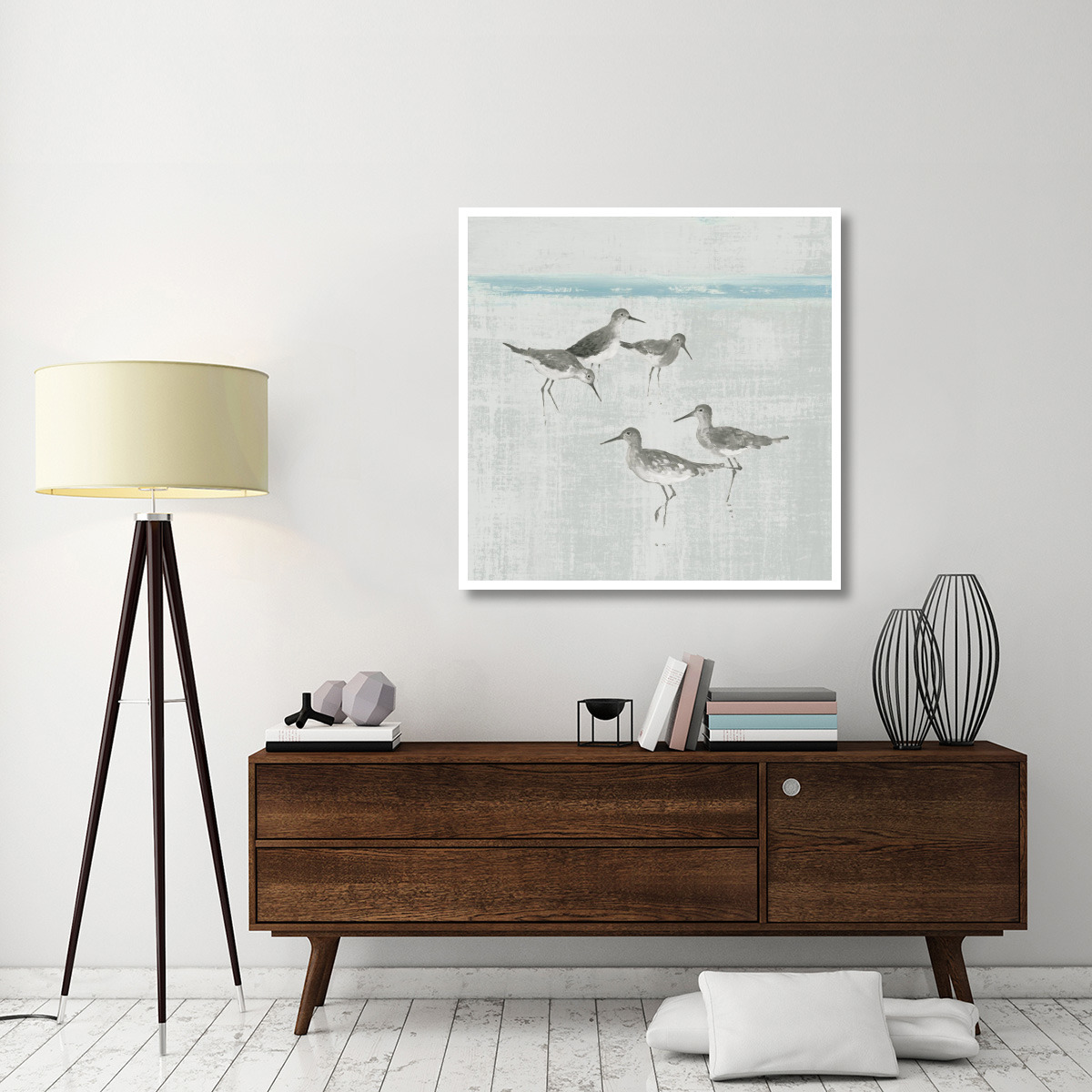 Sandpipers Square I Gray -Paper Art-42&quotx42"