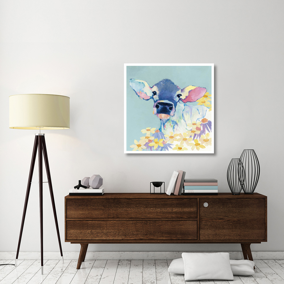 Bessie with Flowers on Teal -Paper Art-38&quotx38"