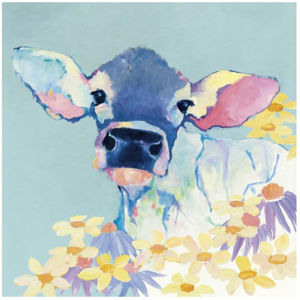 Bessie with Flowers on Teal -Paper Art-42&quotx42"