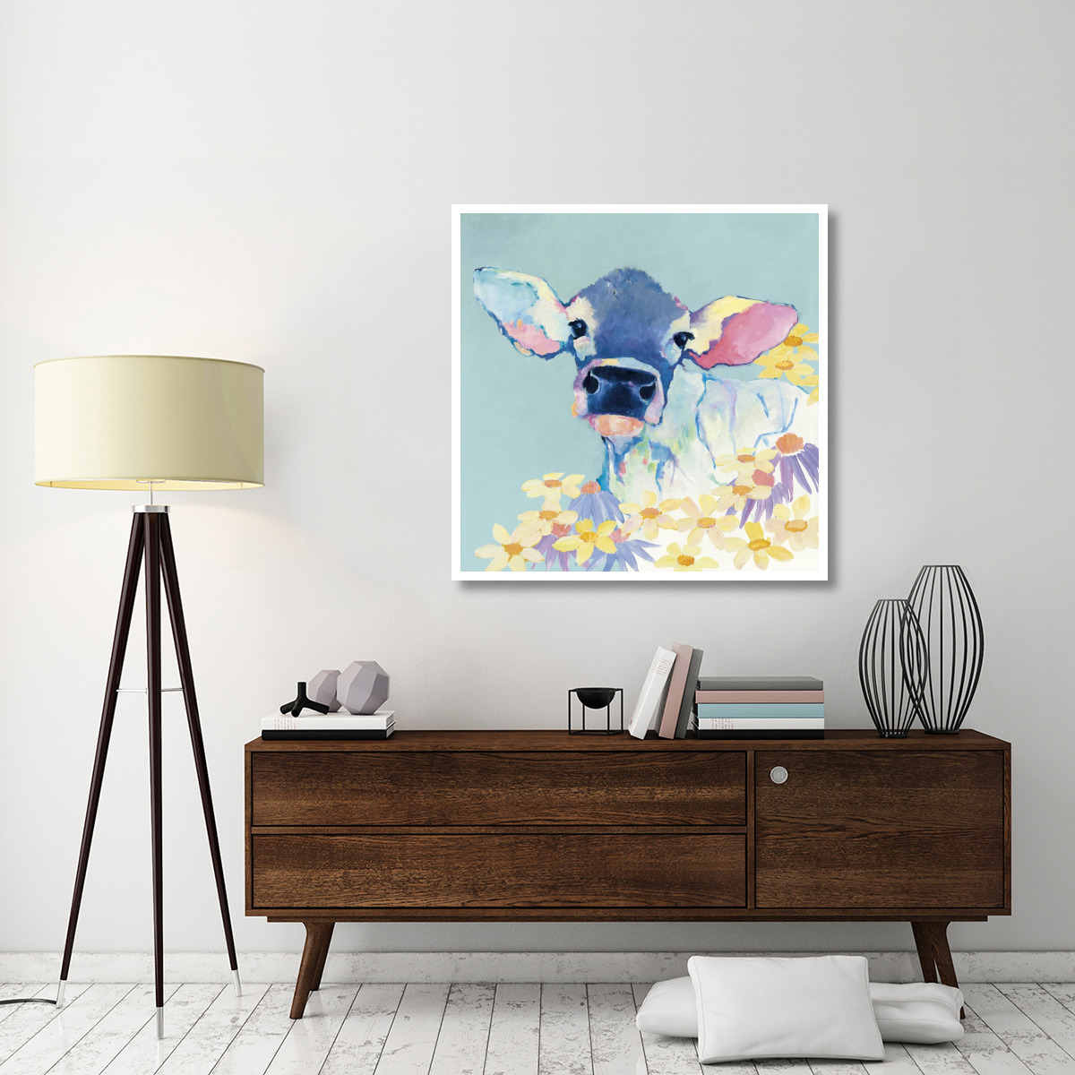 Bessie with Flowers on Teal -Paper Art-42&quotx42"
