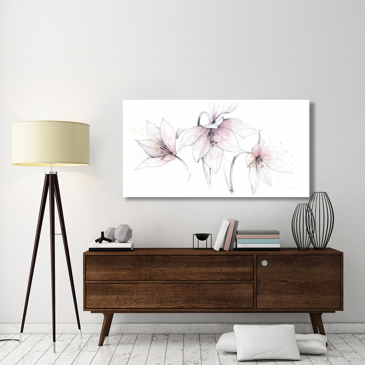 Pink Graphite Floral Trio -Paper Art-62&quotx32"
