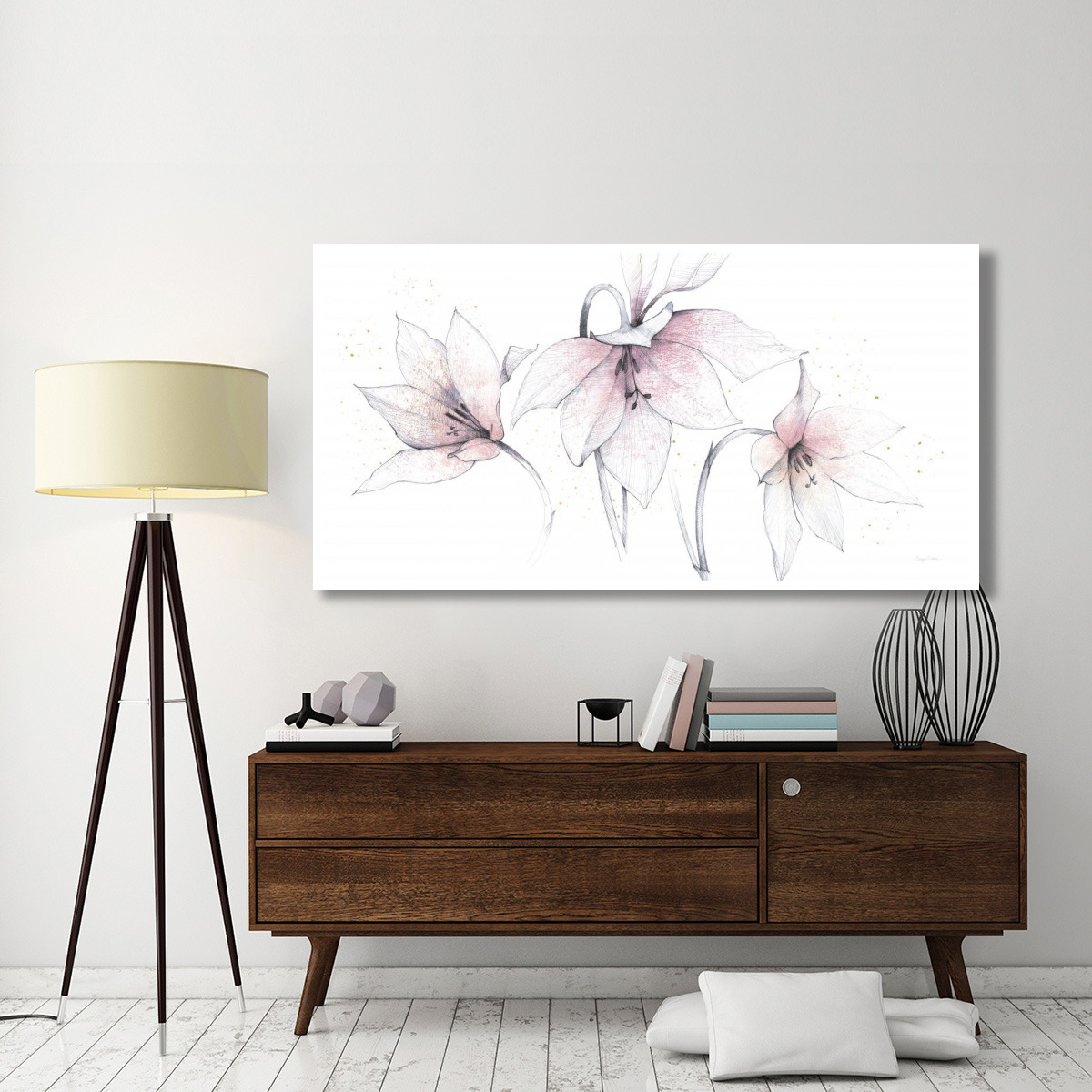 Pink Graphite Floral Trio -Paper Art-74&quotx38"